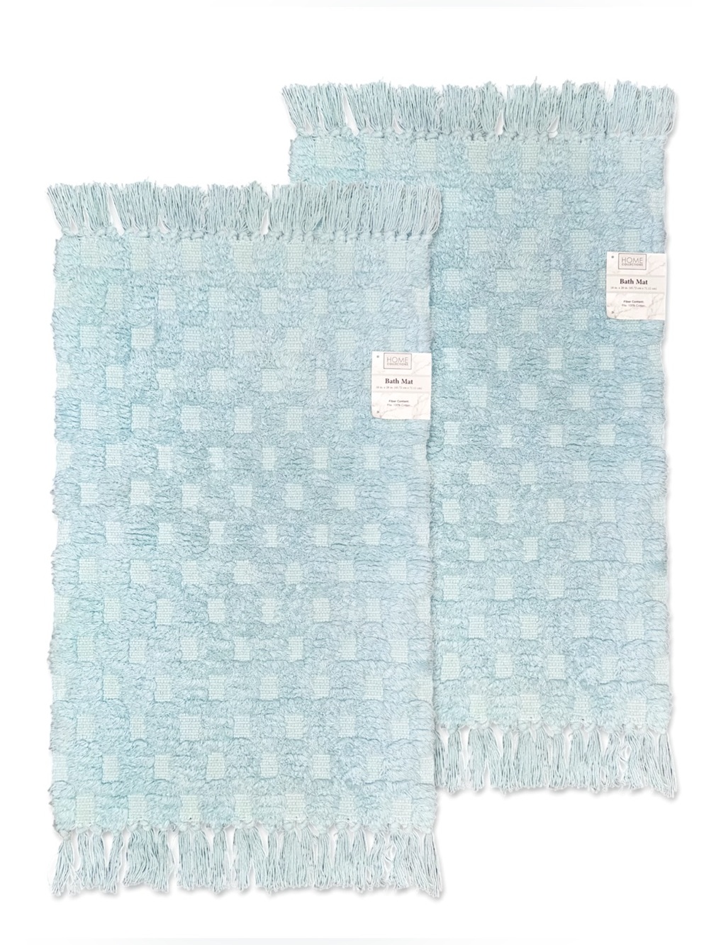 Home Collections Checkered Fringe Bath Mats Cotton Set of 2 Aqua Blue 18x28 NWT